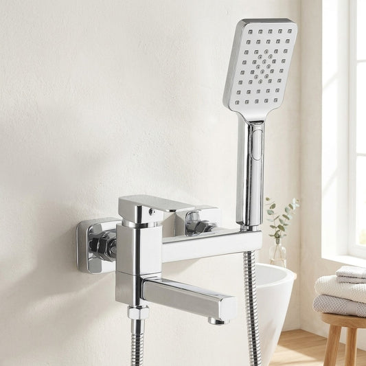 Lagomel single-handle wall-mount tub filler in chrome, matte black, gunmetal, set in a Modern/Contemporary/Minimalist bathroom