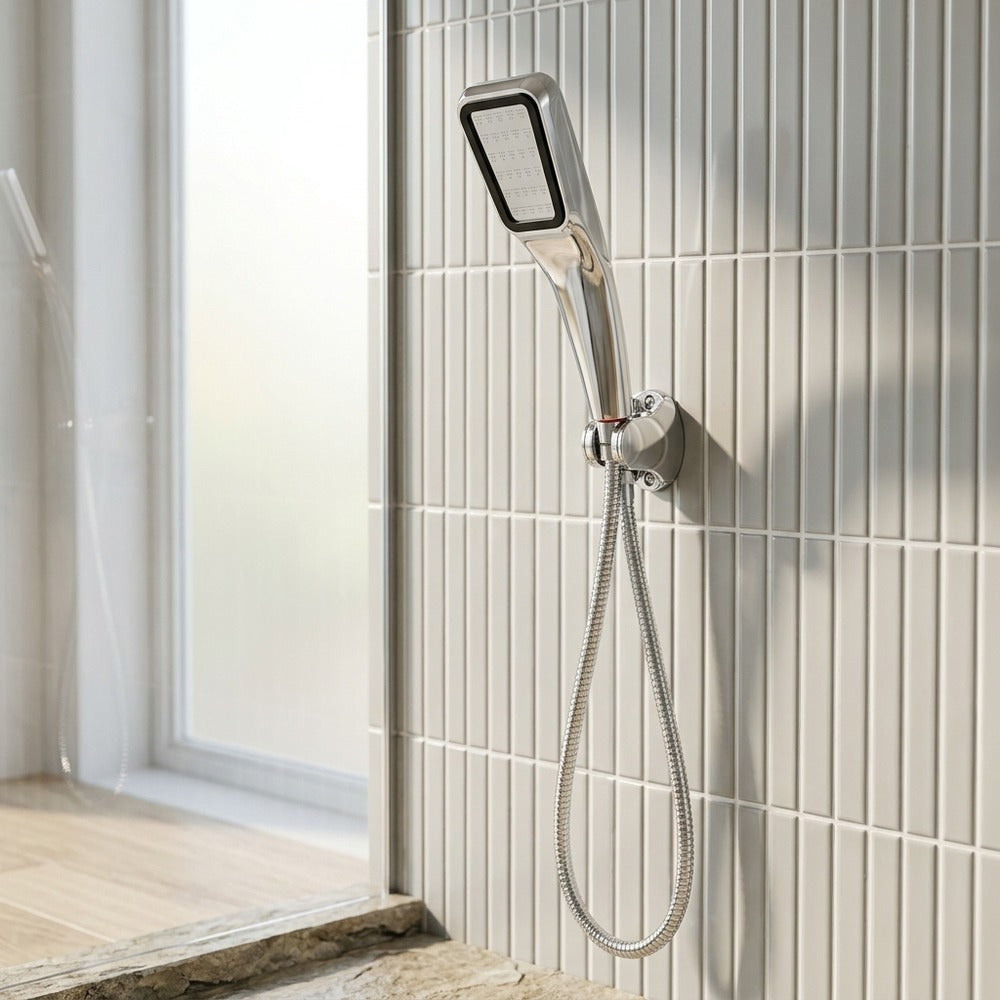 Lagomel wall-mounted hand shower in chrome, set in a Contemporary bathroom