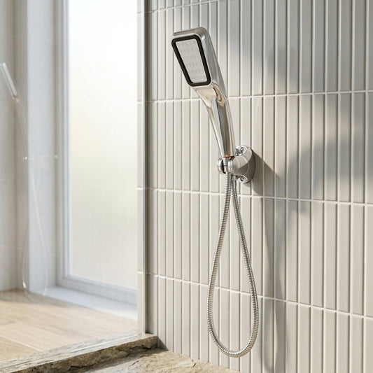 Lagomel wall-mounted hand shower in chrome, set in a Contemporary bathroom