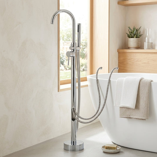Lagomel single-handle freestanding tub filler in matte black, brushed gold, chrome, antique brass, polished gold, polished, set in a Modern/Minimalist bathroom