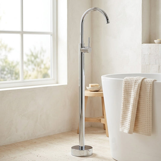 Lagomel single-handle freestanding tub filler in chrome, brushed chrome, brushed nickel, brushed brass, two-tone / mixed, set in a Traditional/Classic/Vintage/Retro/Modern bathroom