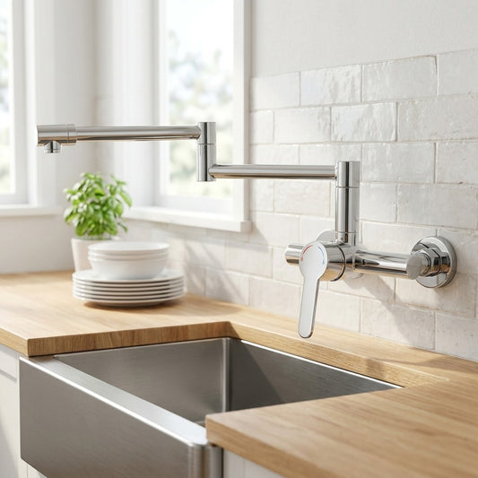 Lagomel single-handle wall-mount kitchen faucet in chrome, matte black, matte white, brushed nickel, set in a Modern/Contemporary kitchen