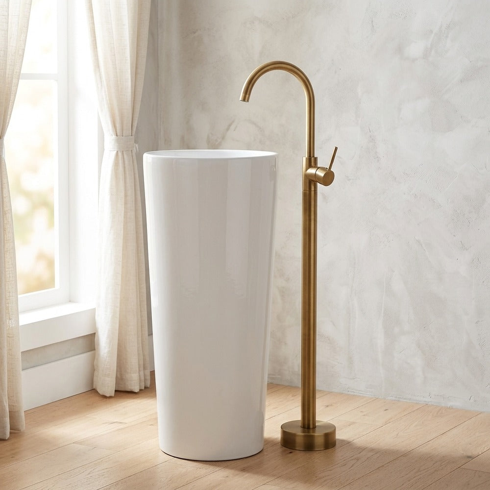 Lagomel vessel sink single-handle freestanding tub filler in antique brass, chrome, gunmetal, set in a Contemporary/Vintage/Retro bathroom