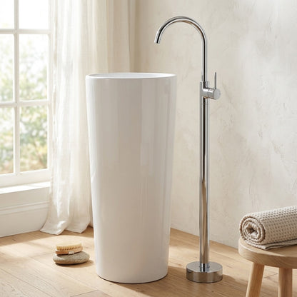 Lagomel vessel sink single-handle freestanding tub filler, set in a Contemporary/Vintage/Retro bathroom