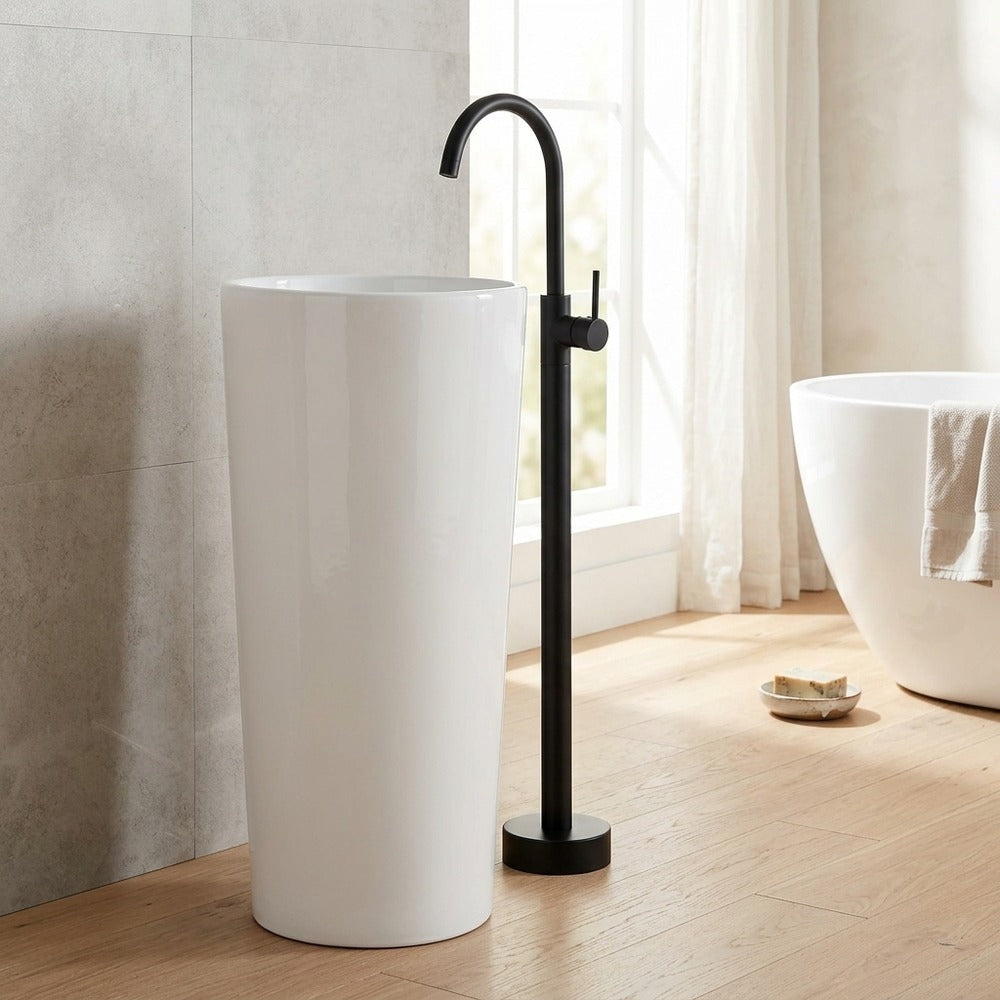 Lagomel vessel sink single-handle freestanding tub filler, set in a Contemporary/Vintage/Retro bathroom