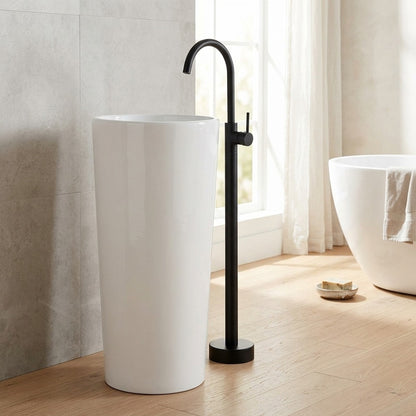 Lagomel vessel sink single-handle freestanding tub filler, set in a Contemporary/Vintage/Retro bathroom