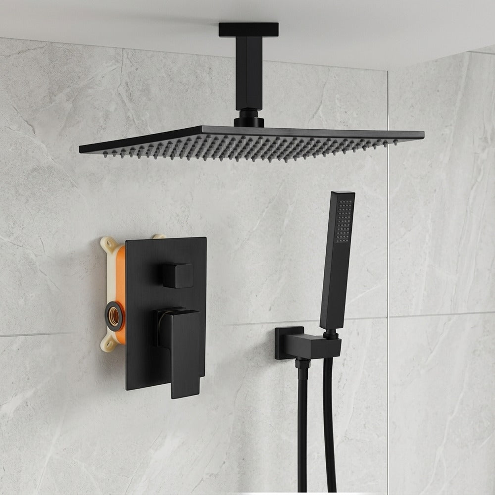 Lagomel wall-mounted single-handle tub and shower system in matte black, set in a Contemporary bathroom