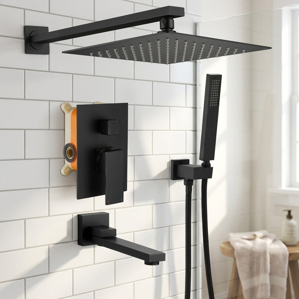 Lagomel wall-mounted single-handle tub and shower system, set in a Contemporary bathroom