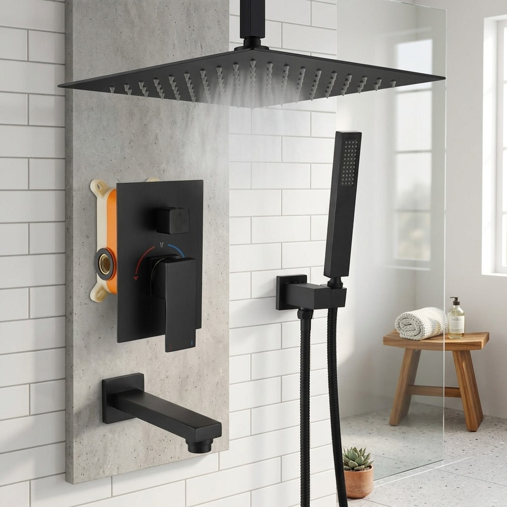 Lagomel wall-mounted single-handle tub and shower system, set in a Contemporary bathroom