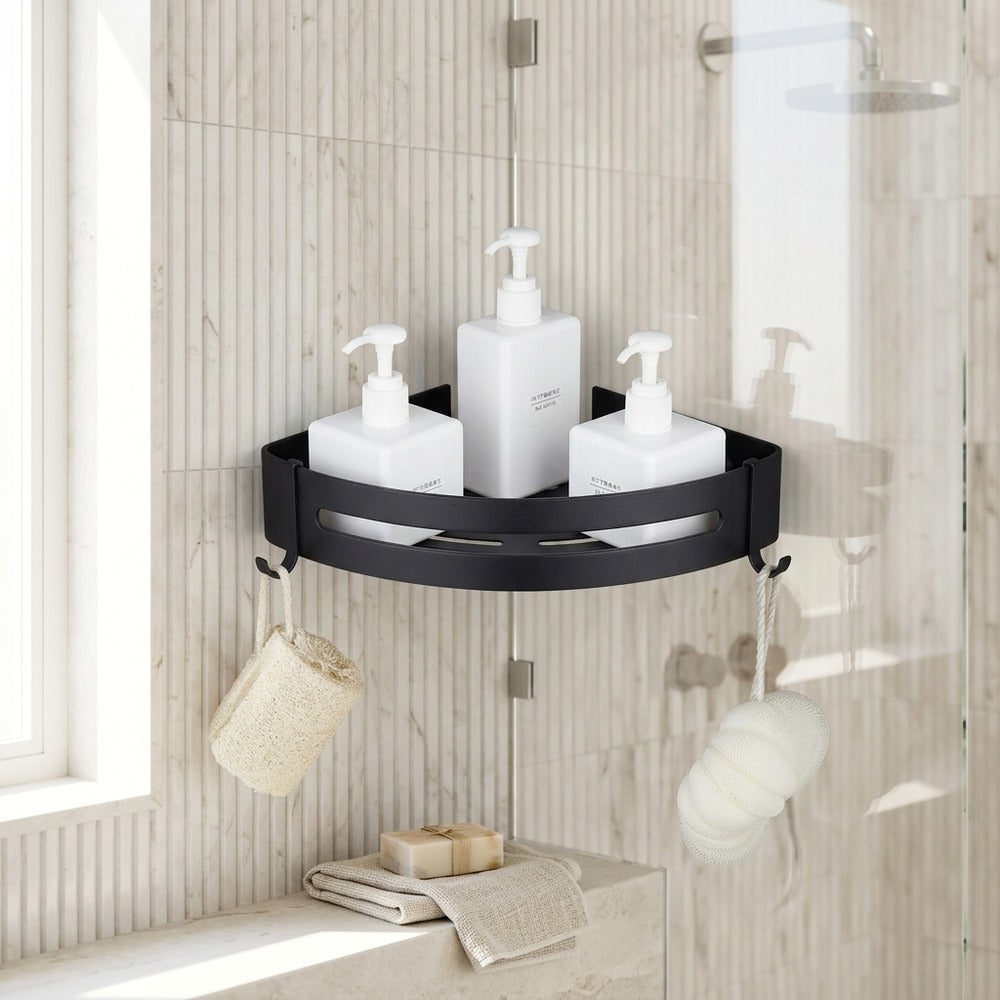 Lagomel wall-mounted shower shelf in matte black, stainless steel, set in a Modern/Minimalist bathroom