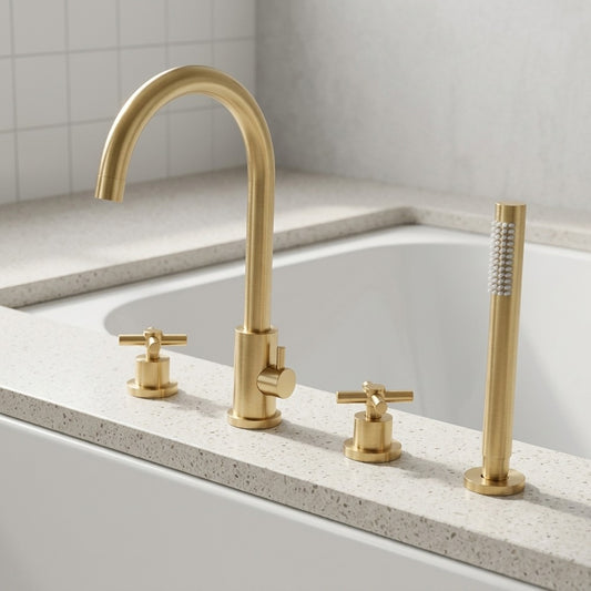 Lagomel two-handle deck-mount tub filler in brushed gold, matte black, set in a Contemporary bathroom