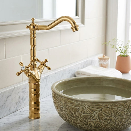 Lagomel single-hole vessel sink faucet in electroplated, polished gold, pvd, set in a Vintage/Retro/Traditional/Classic bathroom