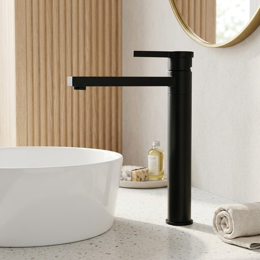 Lagomel single-hole single-handle vessel sink faucet in matte black, chrome, brushed gold, set in a Modern/Minimalist/Contemporary bathroom