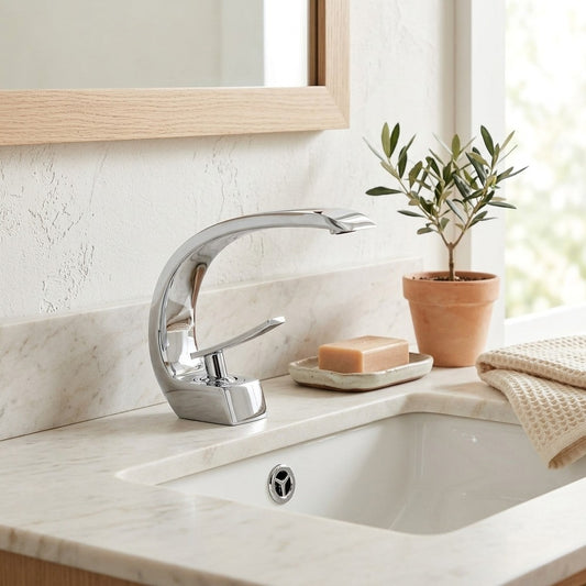 Lagomel waterfall single-hole bathroom faucet in chrome, brushed gold, polished gold, brushed nickel, matte black, matte, set in a Modern/Minimalist bathroom