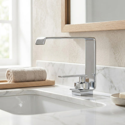 Lagomel waterfall single-hole bathroom faucet, set in a Modern/Minimalist bathroom