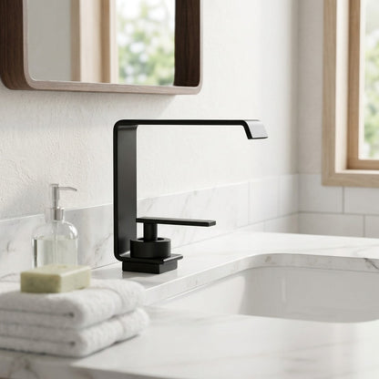 Lagomel waterfall single-hole bathroom faucet, set in a Modern/Minimalist bathroom