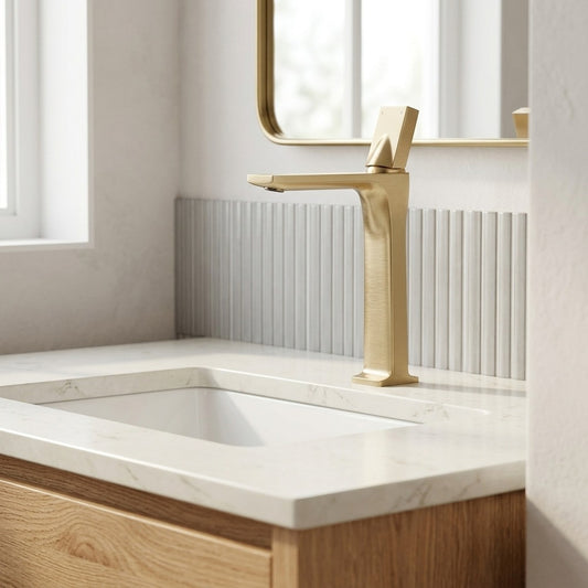 Lagomel single-hole bathroom faucet in brushed gold, set in a Modern/Contemporary bathroom
