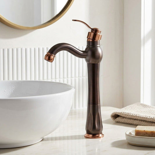 Lagomel single-handle vessel sink faucet in matte black, brushed nickel, chrome, oil-rubbed bronze, polished gold, set in a Traditional/Classic bathroom