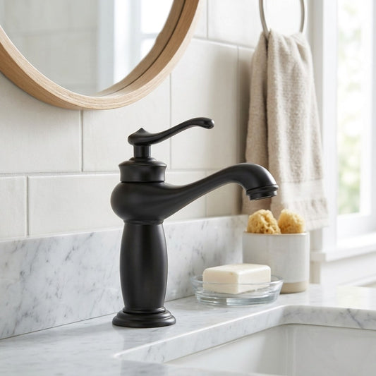 Lagomel single-hole bathroom faucet in antique brass, matte black, set in a Vintage/Retro/Contemporary bathroom
