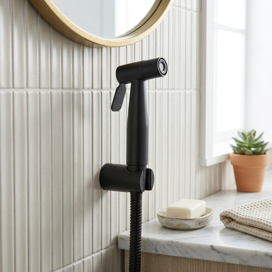 Lagomel single-handle bidet faucet in matte black, set in a Contemporary bathroom