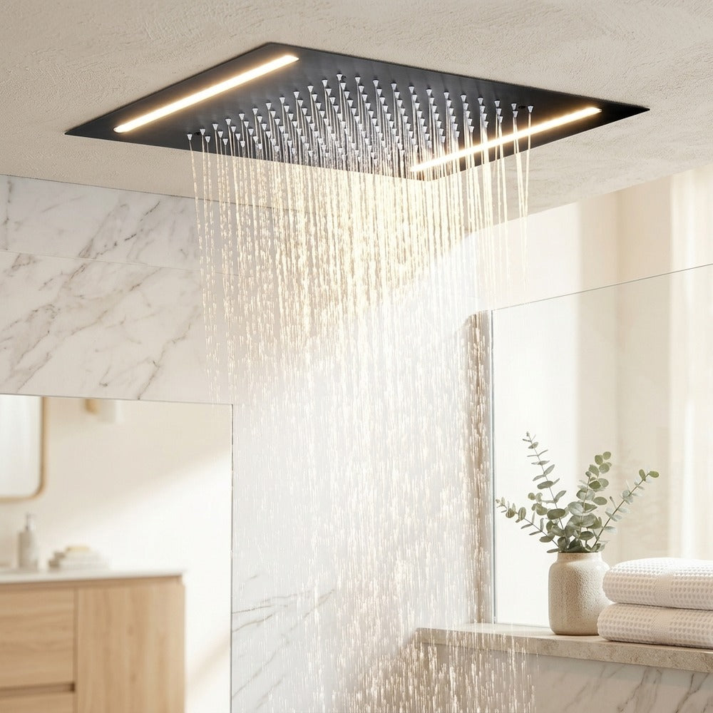 Lagomel rain shower head in matte black, set in a Contemporary bathroom