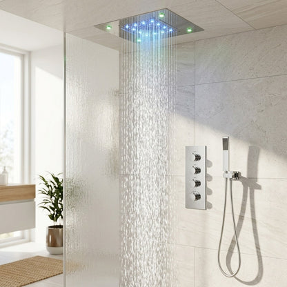 Lagomel waterfall complete shower system in chrome, set in a Contemporary bathroom