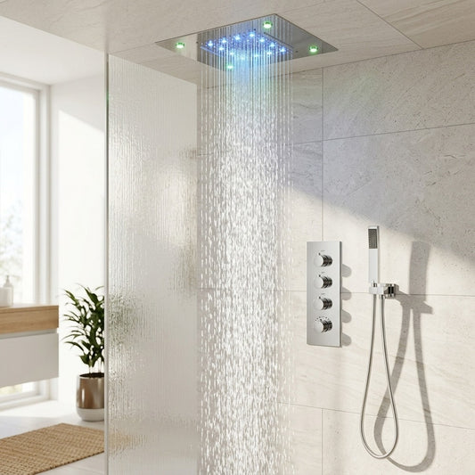 Lagomel waterfall complete shower system in chrome, set in a Contemporary bathroom