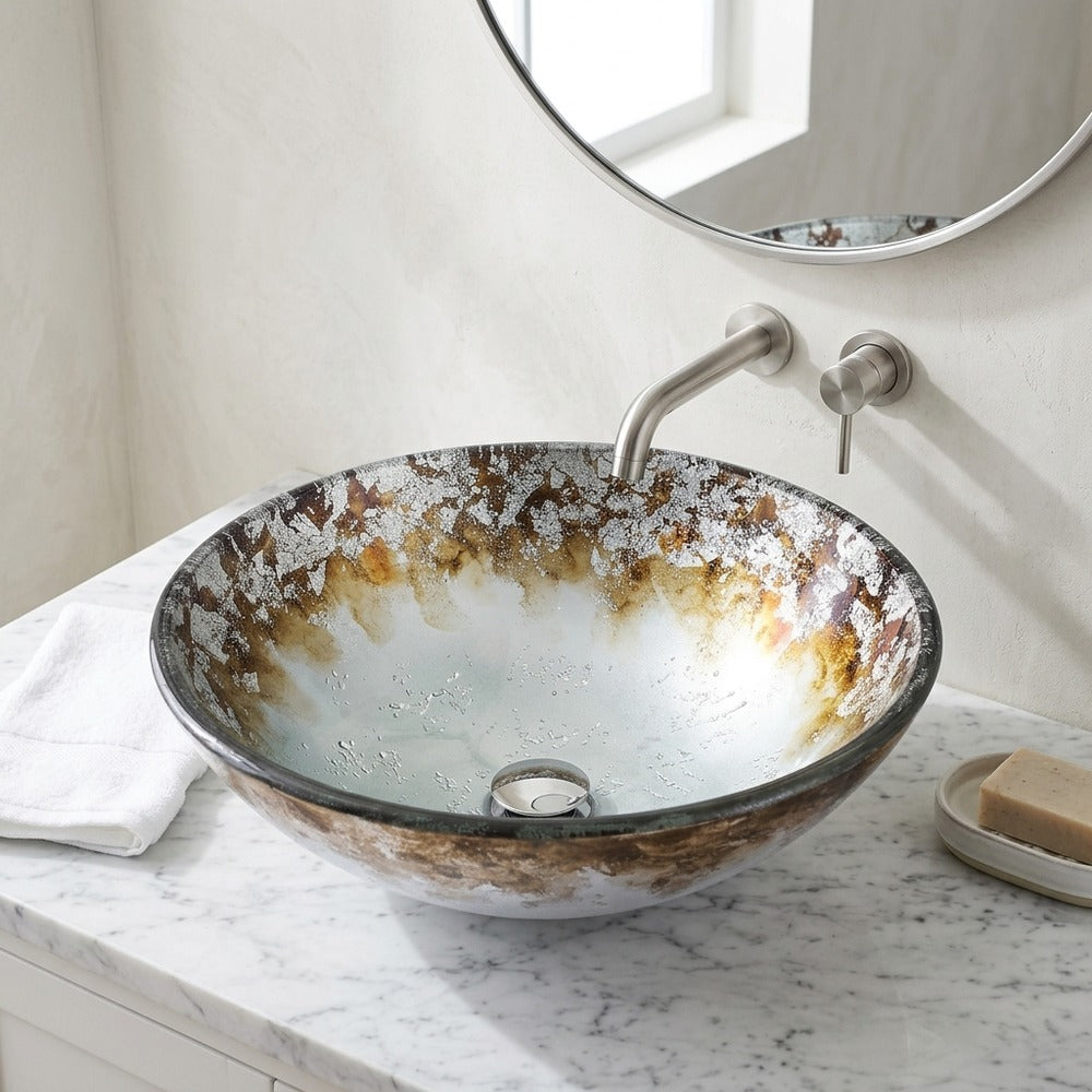Lagomel vessel sink in two-tone / mixed finish, set in a Contemporary bathroom