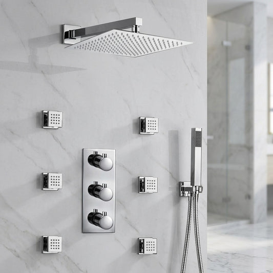 Lagomel wall-mounted complete shower system in chrome, set in a Contemporary bathroom