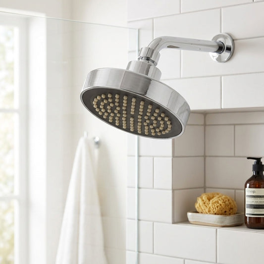 Lagomel fixed shower head in chrome, set in a Contemporary/Modern bathroom
