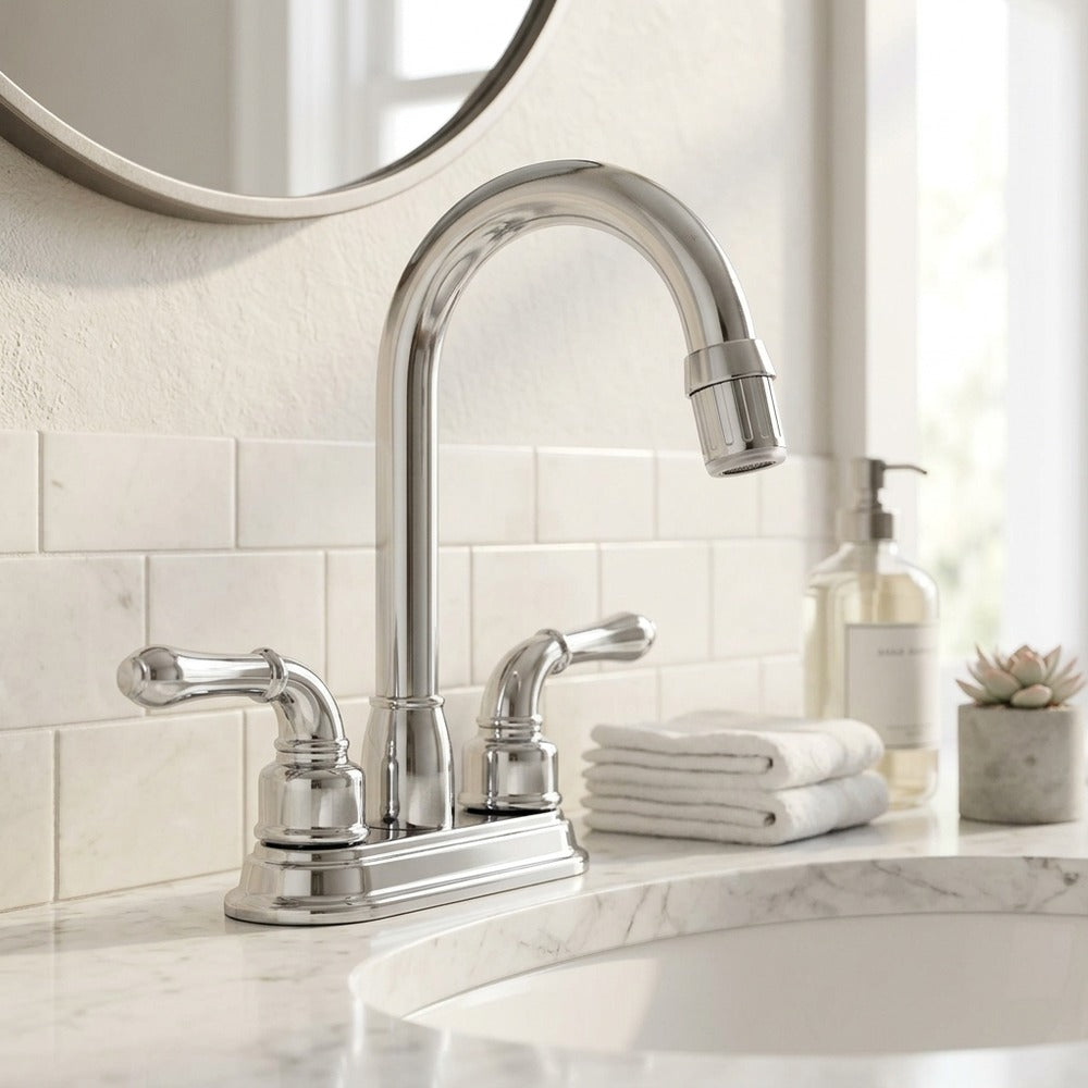 Lagomel faucet aerator in chrome, set in a Modern bathroom