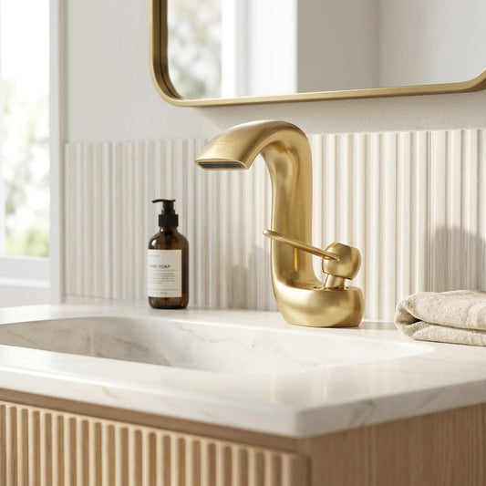 Lagomel waterfall single-hole bathroom faucet in brushed gold, matte black, brushed nickel, chrome, two-tone / mixed, set in a Modern/Contemporary bathroom