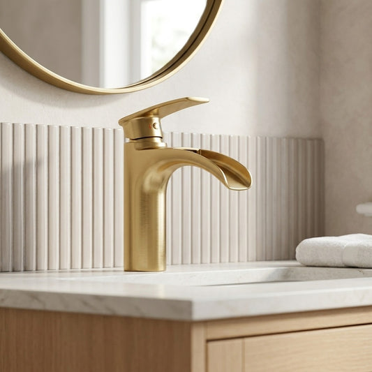 Lagomel waterfall single-hole bathroom faucet in brushed gold, matte black, brushed nickel, set in a Modern/Contemporary bathroom
