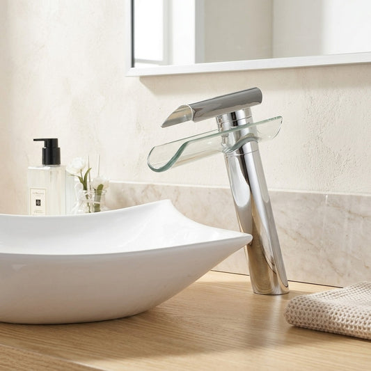 Lagomel single-hole waterfall vessel sink faucet in chrome, set in a Contemporary bathroom