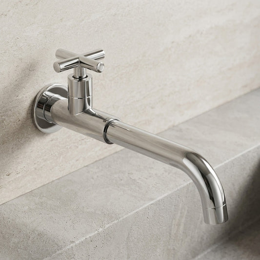 Lagomel wall-mount bathroom faucet in chrome, matte black, polished gold, antique brass, matte white, set in a Modern/Minimalist bathroom