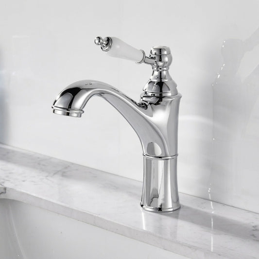 Lagomel single-hole bathroom faucet in chrome, antique brass, oil-rubbed bronze, brushed nickel, polished gold, set in a Traditional/Classic/Vintage/Retro bathroom