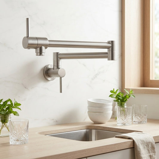 Lagomel wall-mounted double-handle pot filler in brushed nickel, chrome, matte black, oil-rubbed bronze, brushed gold, pvd, set in a Contemporary/Modern bathroom