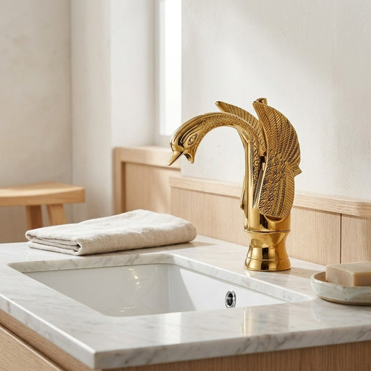 Lagomel single-hole bathroom faucet in matte black, polished gold, antique brass, chrome, two-tone / mixed finish,, set in a Vintage/Retro/Modern/Contemporary bathroom