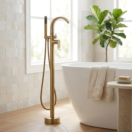 Lagomel waterfall single-handle freestanding tub filler in brushed gold, set in a Modern/Contemporary/Minimalist bathroom