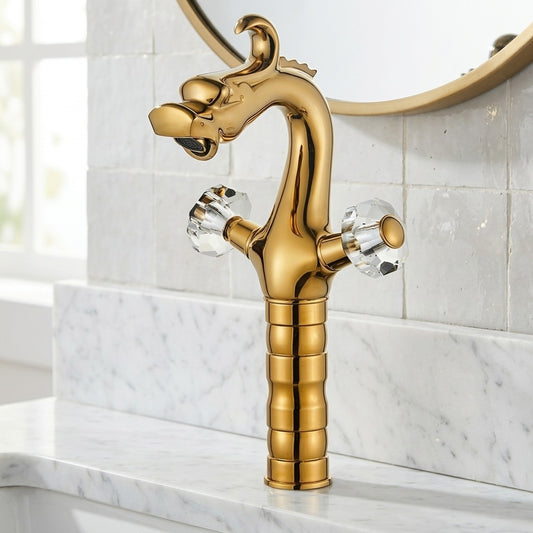 Lagomel single-hole bathroom faucet in polished gold, set in a Traditional/Classic/Vintage/Retro bathroom