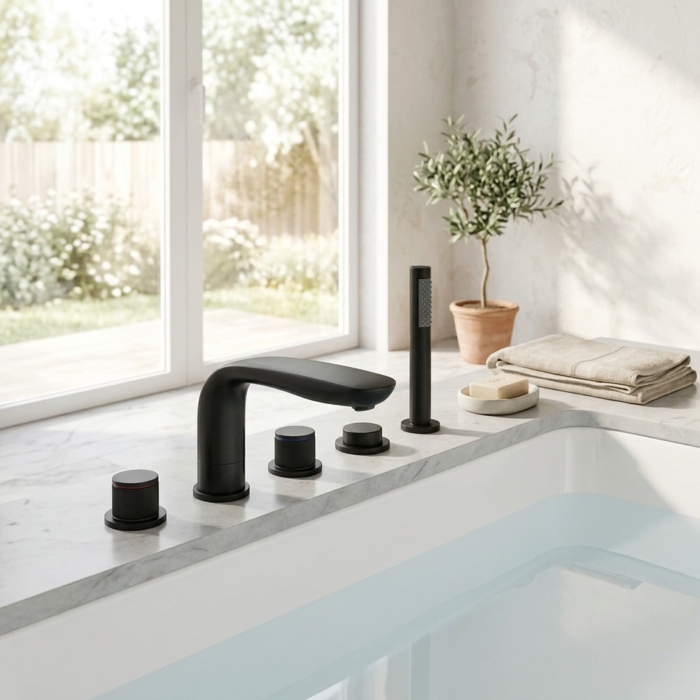 Lagomel double-handle deck-mount tub filler in matte black, set in a Modern/Contemporary/Minimalist bathroom