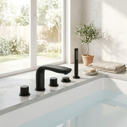 Lagomel double-handle deck-mount tub filler in matte black, set in a Modern/Contemporary/Minimalist bathroom