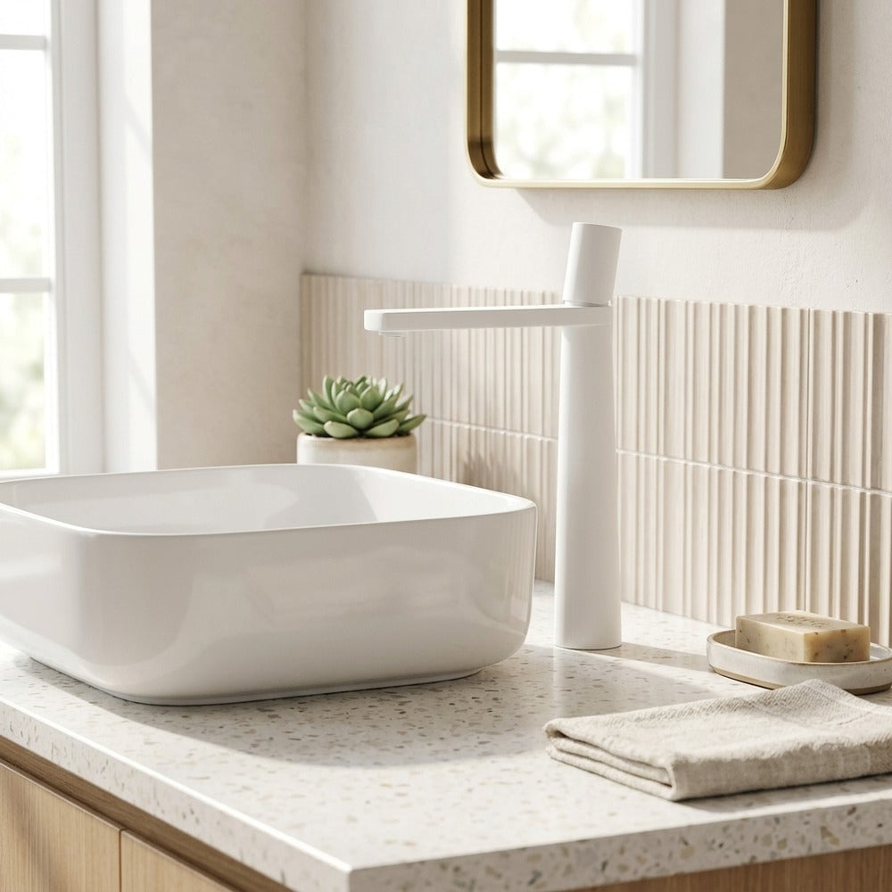 Lagomel single-hole waterfall vessel sink faucet in matte white, chrome, matte black, gunmetal, set in a Modern/Contemporary bathroom