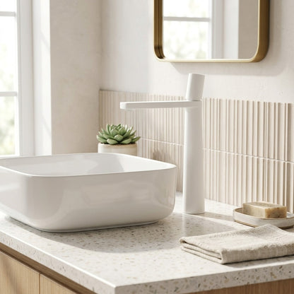 Lagomel single-hole waterfall vessel sink faucet in matte white, chrome, matte black, gunmetal, set in a Modern/Contemporary bathroom