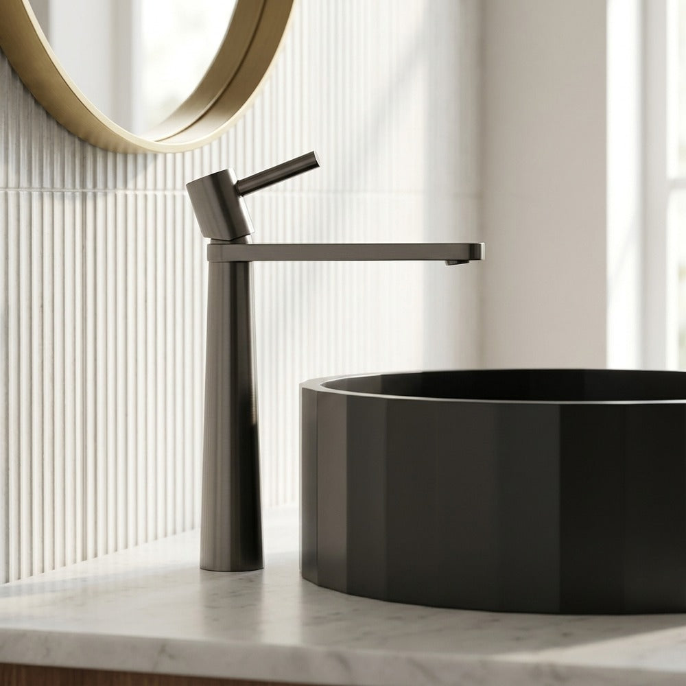 Lagomel single-hole waterfall vessel sink faucet, set in a Modern/Contemporary bathroom