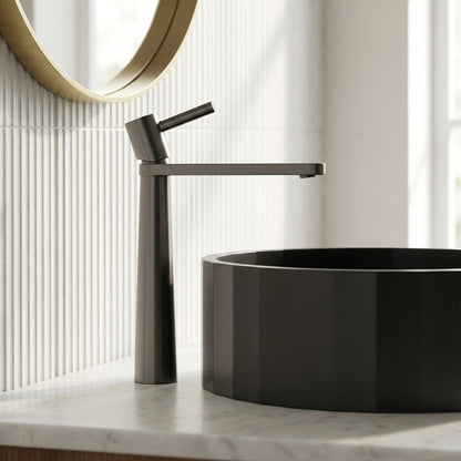 Lagomel single-hole waterfall vessel sink faucet, set in a Modern/Contemporary bathroom