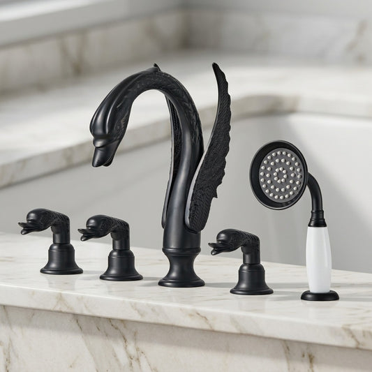 Lagomel deck-mount tub filler in matte black, set in a Vintage/Retro bathroom