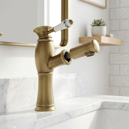 Lagomel pull-out single-hole bathroom faucet in antique brass, set in a Traditional/Classic/Vintage/Retro bathroom