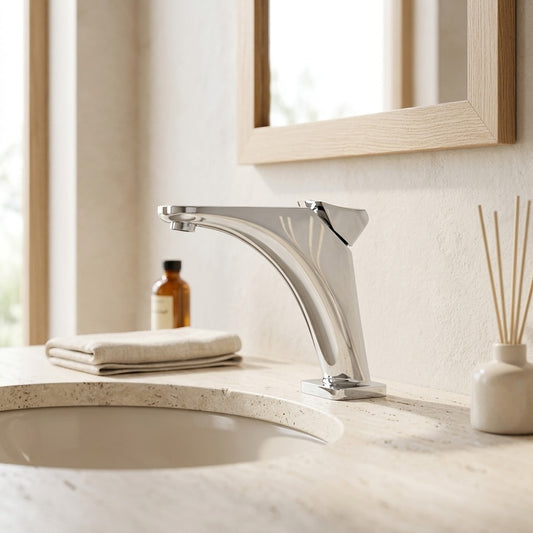 Lagomel waterfall single-hole bathroom faucet in chrome, set in a Modern/Contemporary bathroom