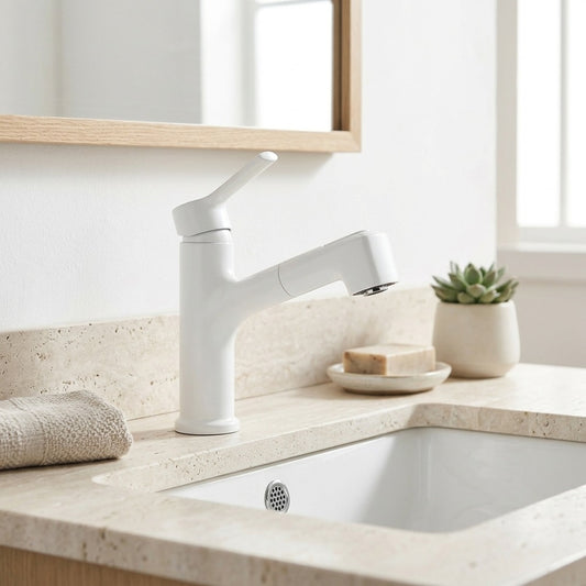 Lagomel pull-out single-hole bathroom faucet in chrome, matte black, brushed gold, gunmetal, matte white, set in a Modern/Contemporary bathroom